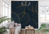 Gold palm pattern wallpaper brightening master bedroom with evening lighting