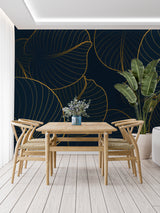 Gold botanical pattern transforming hallway with deep navy background
