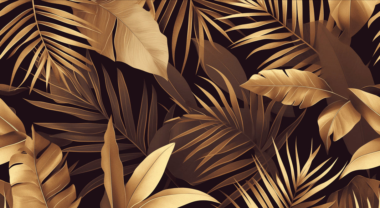 Gold palm and monstera leaves on black background design file showing intricate botanical pattern
