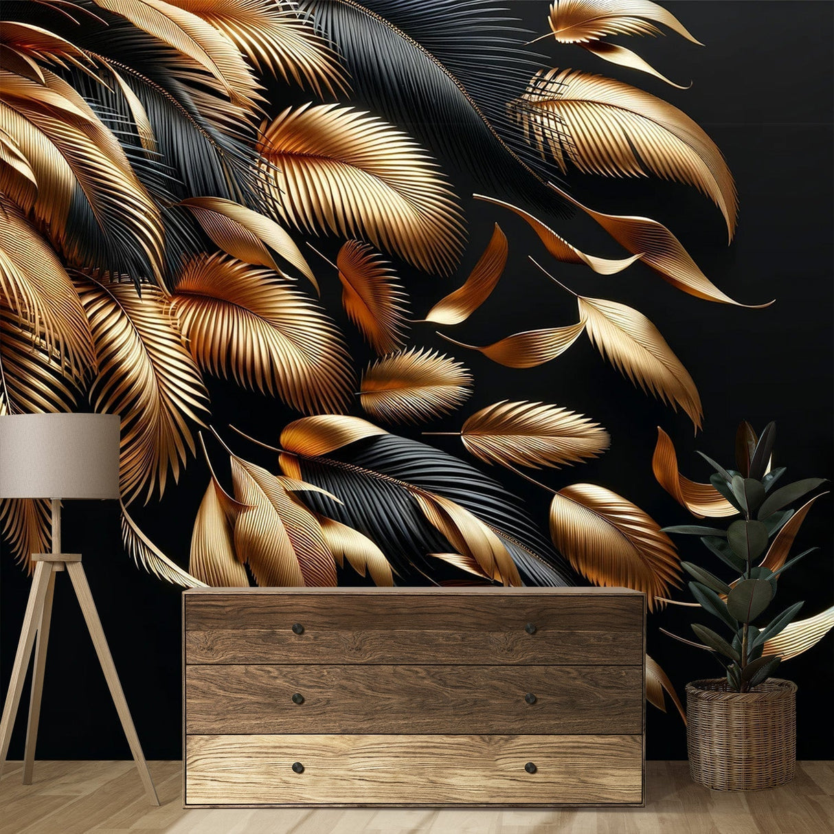 Black and gold tropical palm leaf wallpaper creating drama in a modern living room with soft lighting
