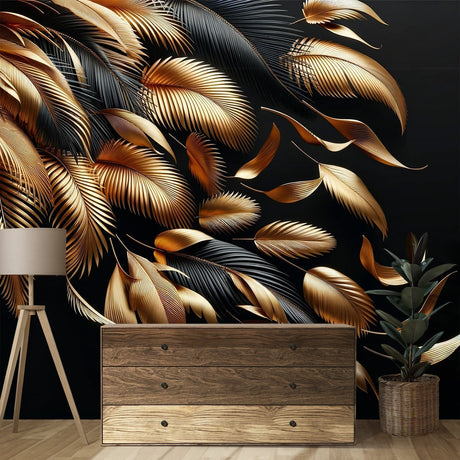 Black and gold tropical palm leaf wallpaper creating drama in a modern living room with soft lighting