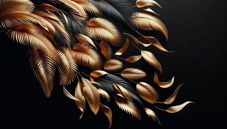 Tropical palm leaves wallpaper design file showing detailed gold fronds on black background