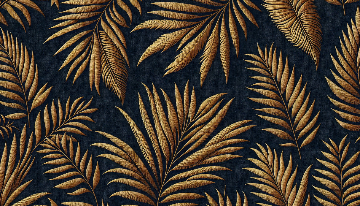 Gold palm leaves on navy design file showing detailed metallic botanical pattern