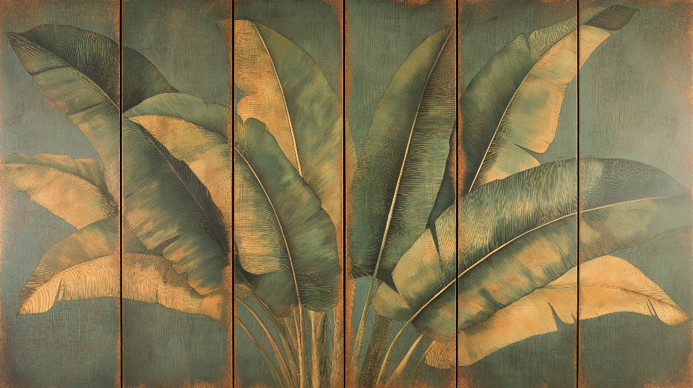 Large-scale golden banana leaves design file on emerald background showing intricate pattern details