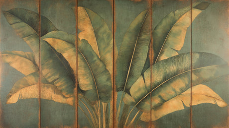 Large-scale golden banana leaves design file on emerald background showing intricate pattern details