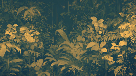 Tropical leaf wallpaper with golden foliage creating a stunning backdrop in a modern living room