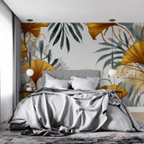 Modern ginkgo leaf mural in hallway showcasing full wall application