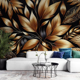 Tropical gold leaf wallpaper mural in modern dining room, metallic foliage pattern creating warm evening ambiance