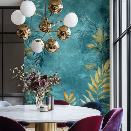 Tropical leaf wallpaper with golden foliage in modern living room, creating a bold accent wall