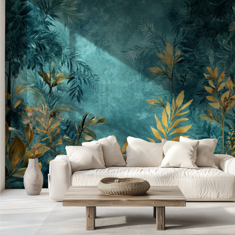 Gold and teal tropical wallpaper brightening a dining room with elegant palm patterns