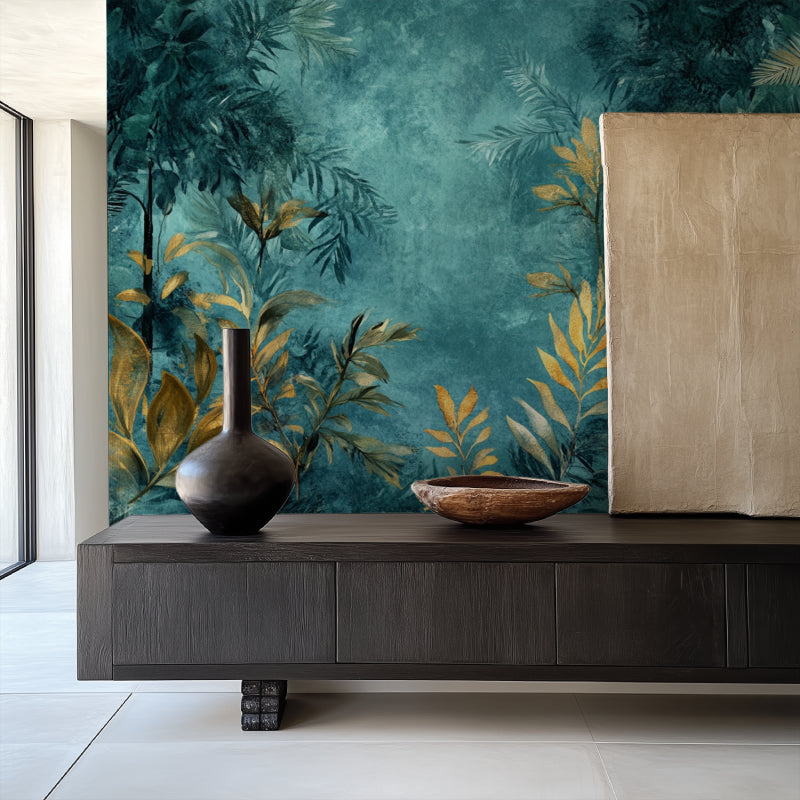 Tropical palm leaf wallpaper making a statement in home office setting