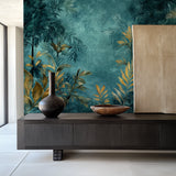 Tropical palm leaf wallpaper making a statement in home office setting