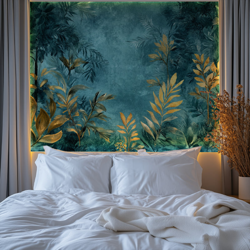 Golden tropical leaves mural creating depth in hallway space