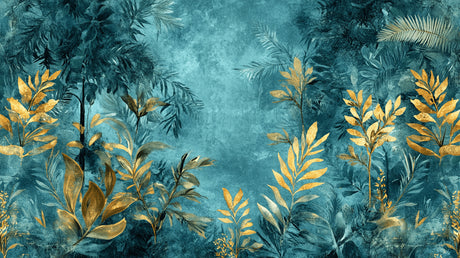 Tropical wallpaper design file showing detailed golden palm leaves on rich teal background