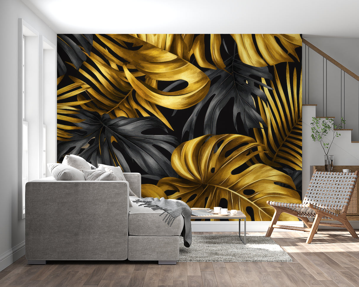 Tropical black and gold Monstera wallpaper in modern living room with grey sofa and natural light
