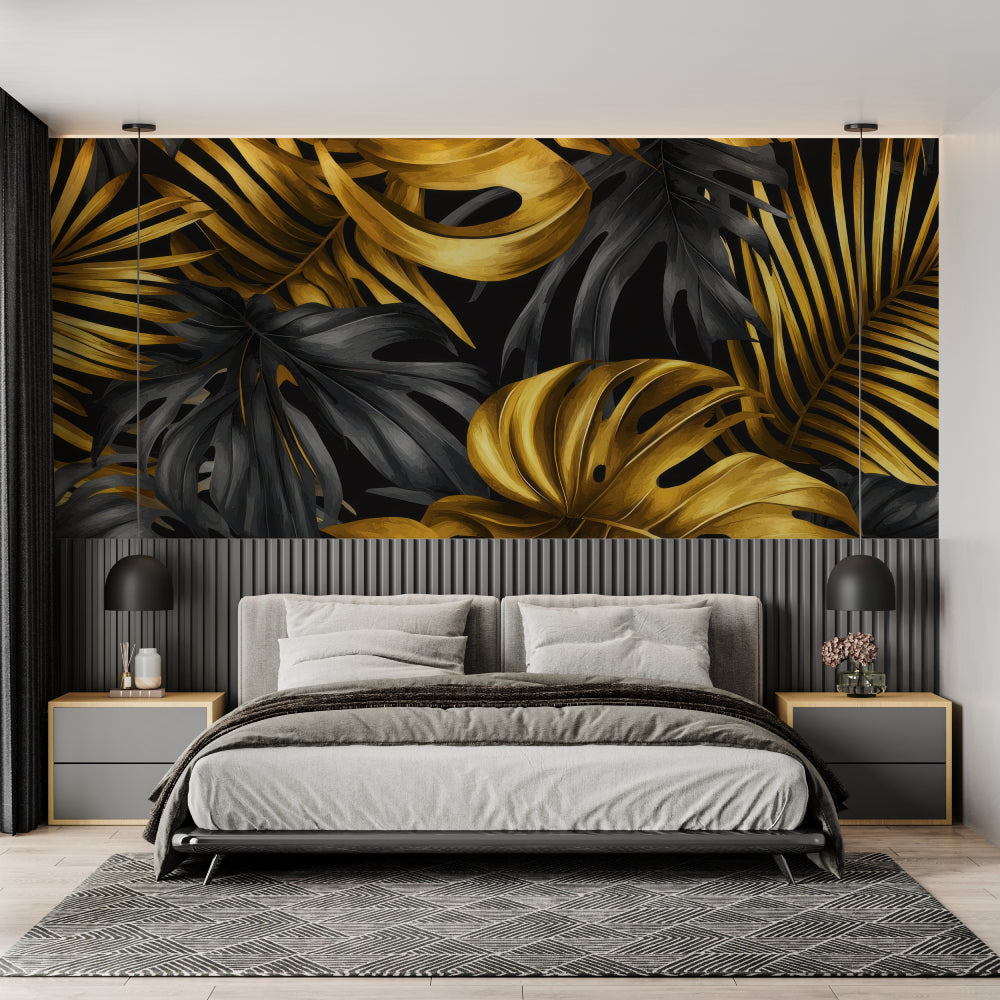 Luxury dining room with black and gold Monstera leaf wallpaper creating elegant atmosphere