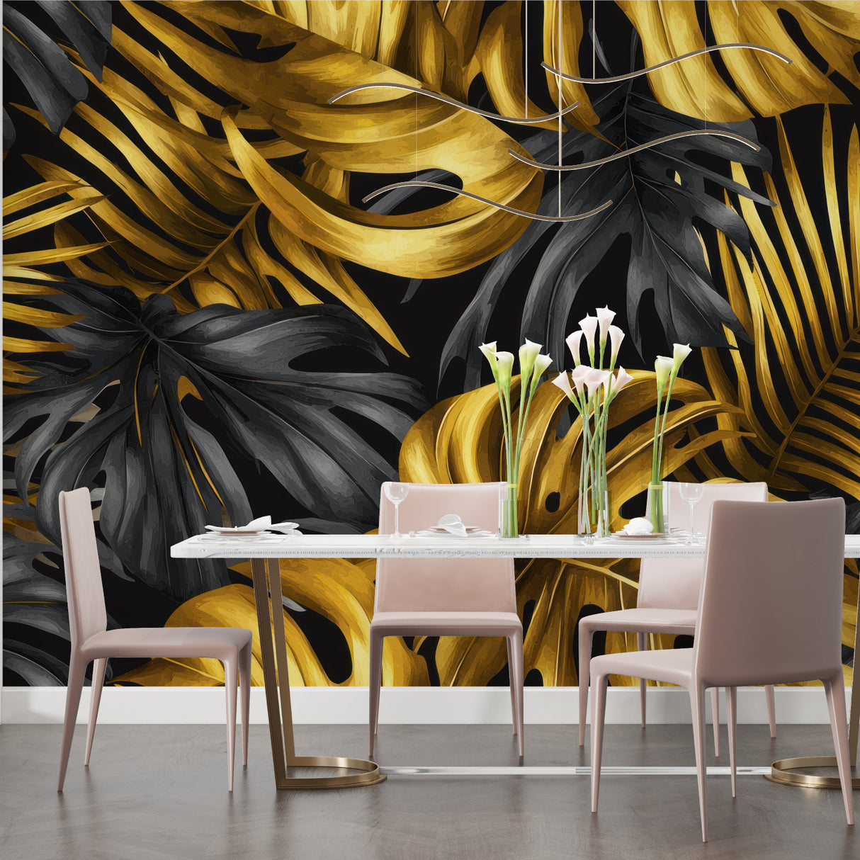 Home office featuring metallic gold Monstera wallpaper on black background with desk setup