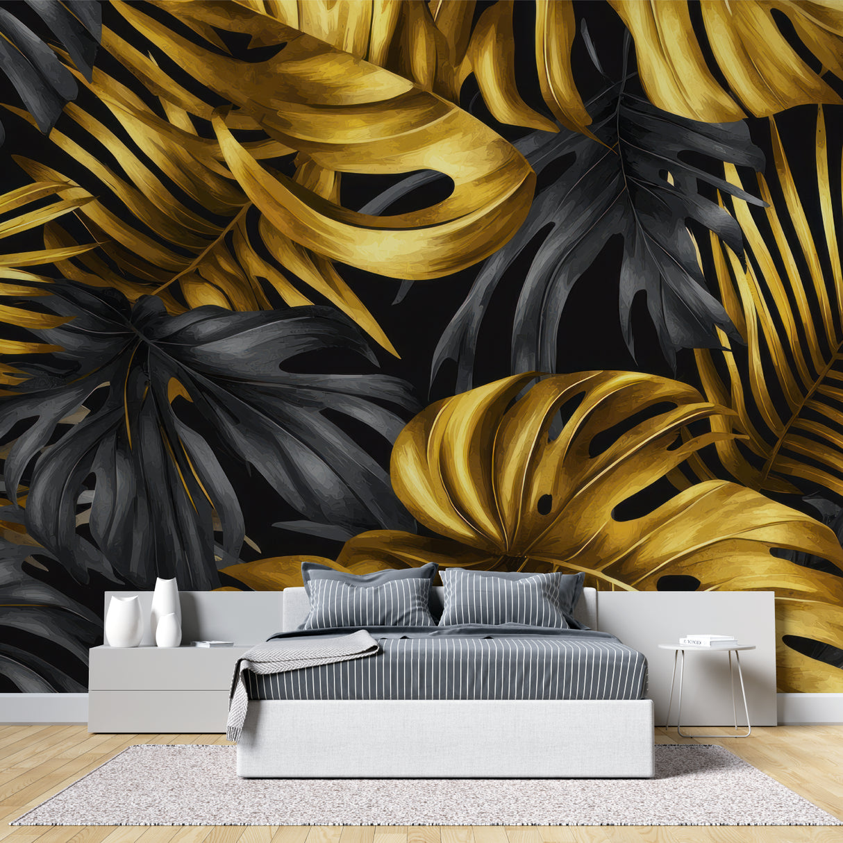 Master bedroom with golden tropical leaf wallpaper adding luxury to accent wall