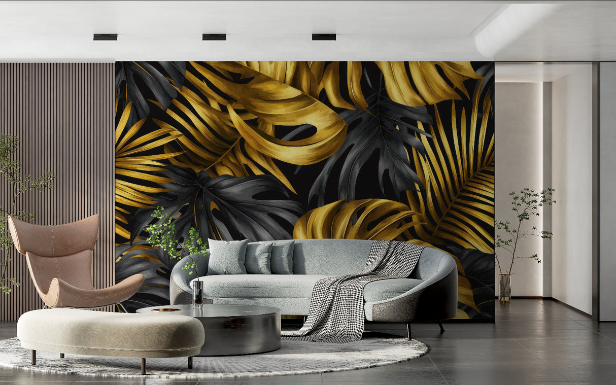 Entrance hall transformed with black and gold Monstera leaf wallpaper design