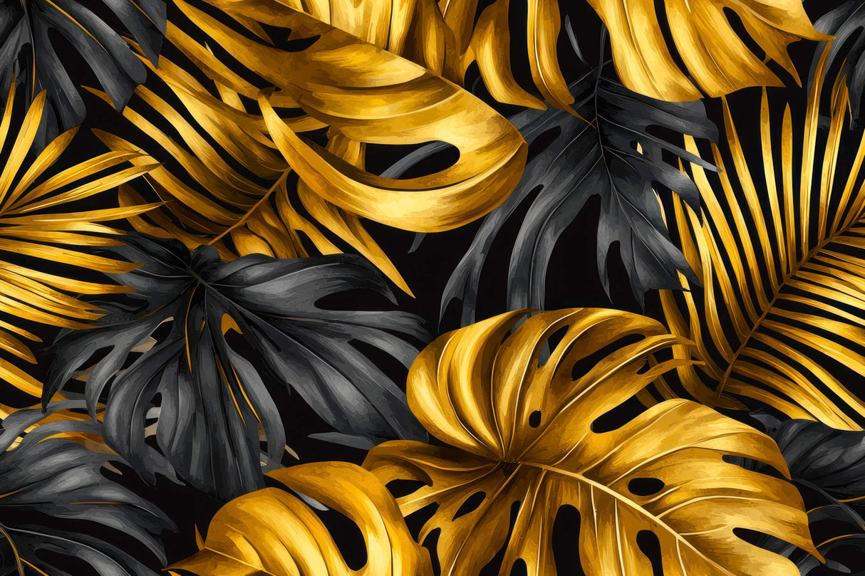 Gold Monstera leaves on black background design file showing intricate leaf pattern details