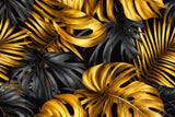 Gold Monstera leaves on black background design file showing intricate leaf pattern details