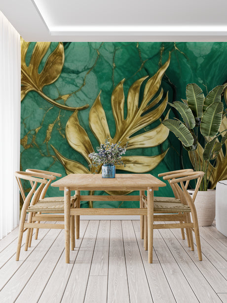 Tropical Monstera wallpaper in modern living room, golden leaves catch evening light