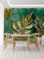 Tropical Monstera wallpaper in modern living room, golden leaves catch evening light