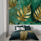 Green and gold Monstera wall mural creating luxury dining room atmosphere