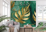 Emerald marble wallpaper with gold accents in master bedroom setting