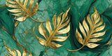 Design file showing detailed golden Monstera leaves on emerald marble pattern