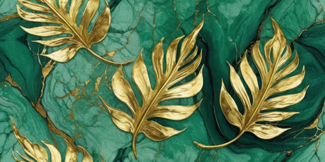 Design file showing detailed golden Monstera leaves on emerald marble pattern