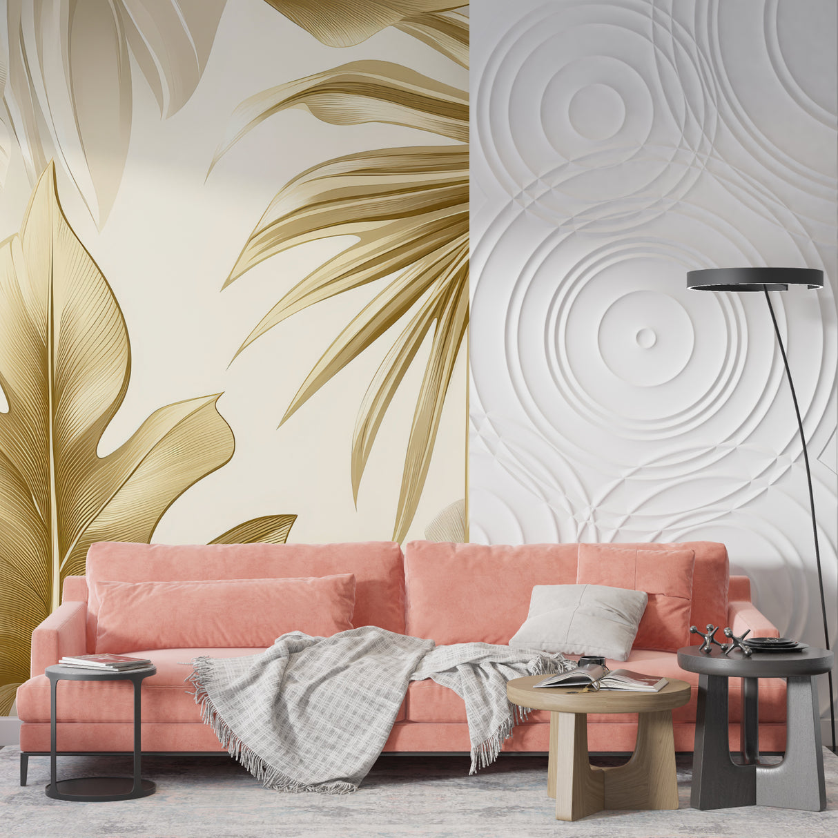 Golden monstera leaf mural adding luxury to a bright dining room space