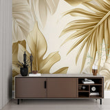 Tropical gold leaf wallpaper making a bold statement in a master bedroom