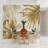 Luxury botanical wallpaper transforming an entrance hallway with golden leaves