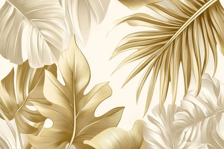Detailed design file showing golden palm and monstera leaves pattern on cream background