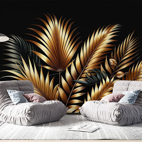 Black and gold palm leaf wallpaper creating a luxurious atmosphere in a modern dining room with ambient lighting