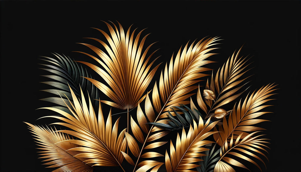Golden palm leaves on black wallpaper design file showing detailed metallic botanical pattern
