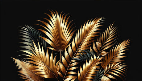 Golden palm leaves on black wallpaper design file showing detailed metallic botanical pattern