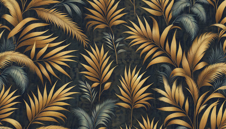 Tropical palm leaf wallpaper with golden details creating luxury atmosphere in modern living room with tall windows