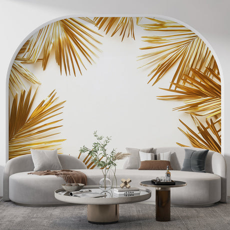 Tropical palm leaf wallpaper with golden details creating elegant atmosphere in modern living room with natural light