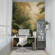 Tropical jungle wallpaper with golden leaves in modern living room creating warm, inviting atmosphere