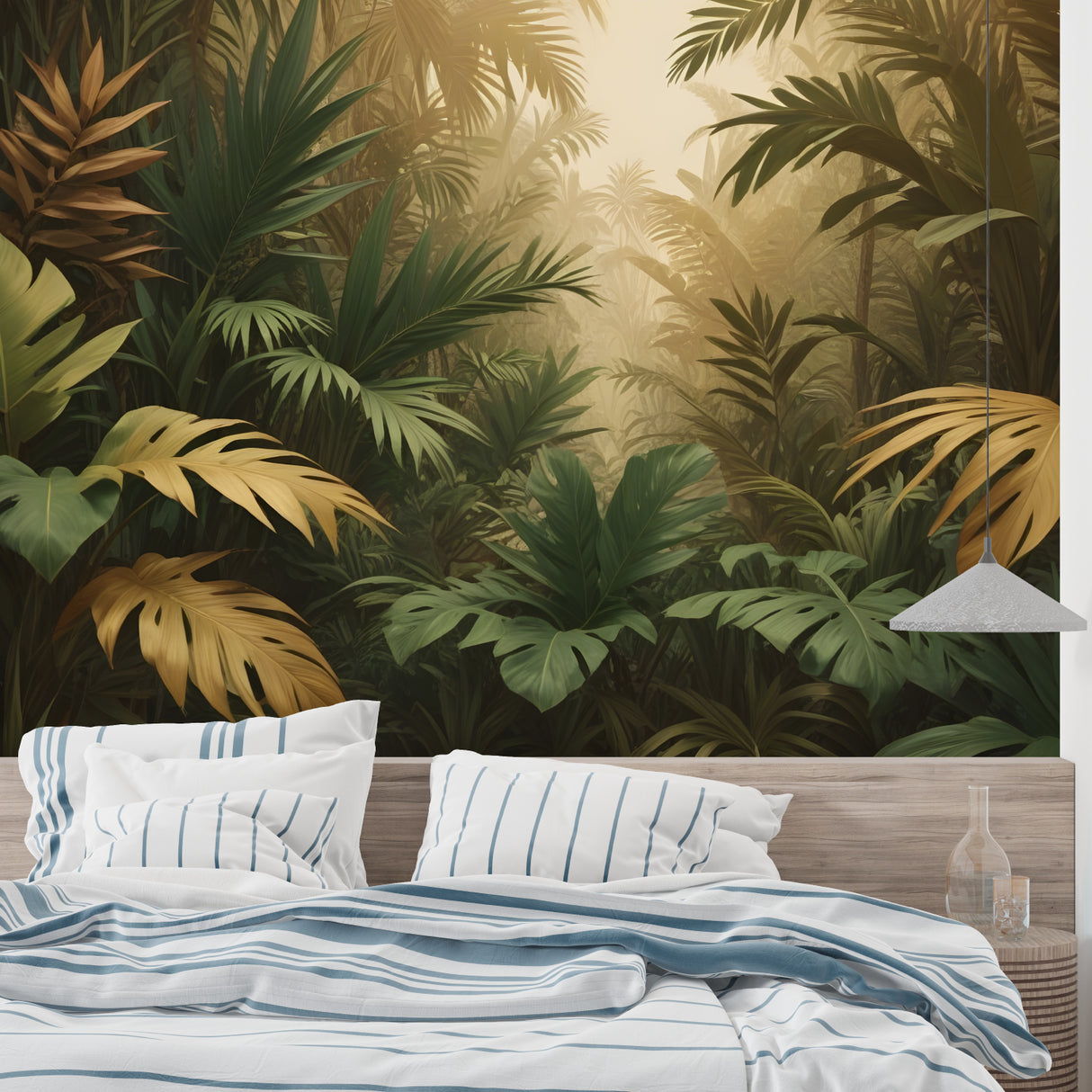 Golden leaf tropical wallpaper brightening master bedroom with natural sunlit effect