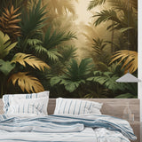 Golden leaf tropical wallpaper brightening master bedroom with natural sunlit effect