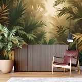 Sunlit jungle leaves wallpaper adding warmth to home office space