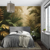 Tropical wall mural with golden accents making dining room feel more spacious