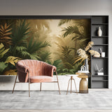 Golden tropical leaf pattern transforming bathroom into luxury spa retreat