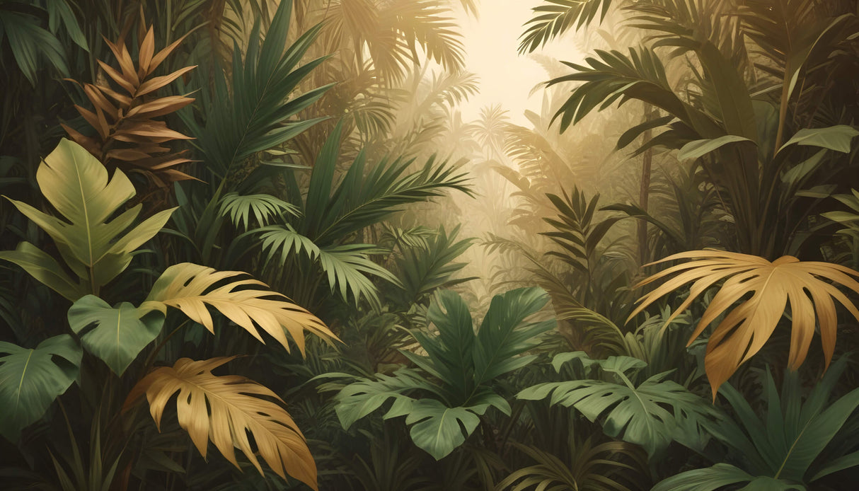 Tropical jungle wallpaper design file showing detailed golden leaf pattern and misty background
