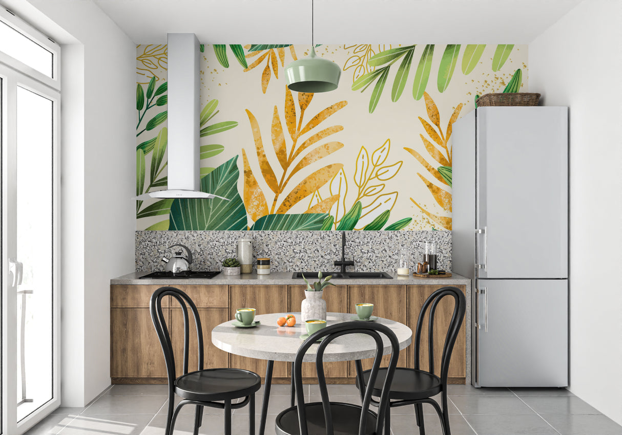 Tropical leaf wallpaper with gold accents creating a modern living room focal point