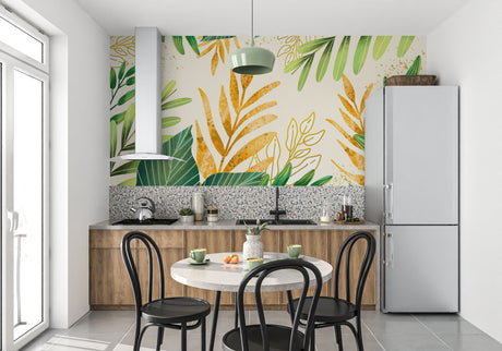 Tropical leaf wallpaper with gold accents creating a modern living room focal point