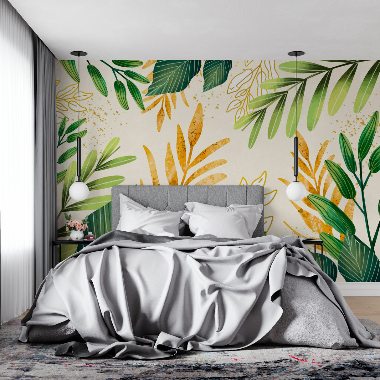Green and gold botanical wallpaper bringing luxury to a master bedroom